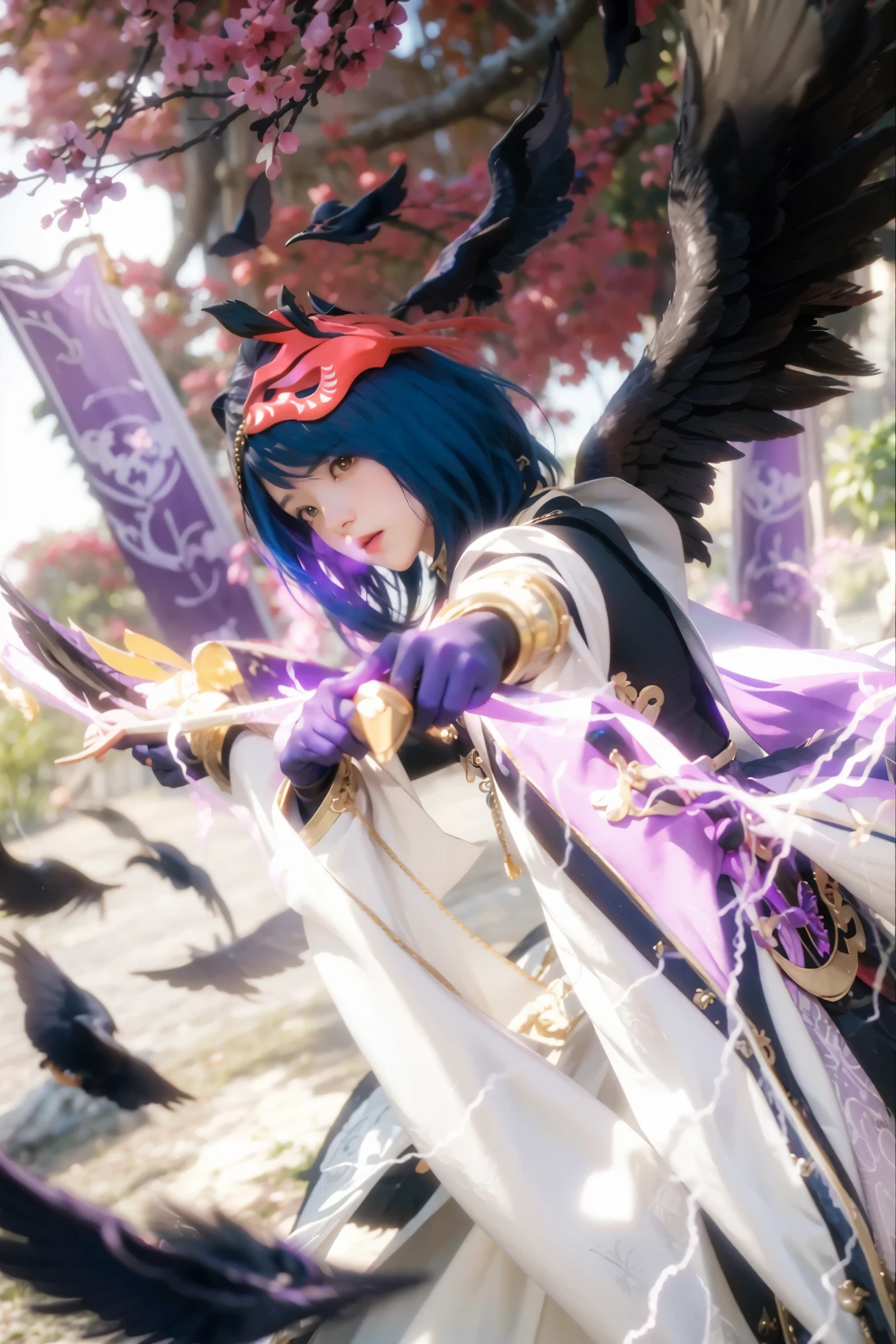 ((KUJOU SARA_GENSHIN IMPACT)),((realistic, photorealistic)),(highlight hair)), Light reflection, (( HD )),((upper body)), (((best quality, masterpiece))), (masterpiece) (best quality) (detail) (8k) (HDR) (wallpaper) (cinematic lighting) (sharp focuasterpiece, best quality: 1.1),Eyes focus forward, arching towards the front, Custom detail, mask on the hair,Sakura leaves, arrows,Purple light, highlights, lightning purple,Black feathers, black bird wings, motion blur, purple light, red cherry blossoms, Particles light,black bird wings motion blur,