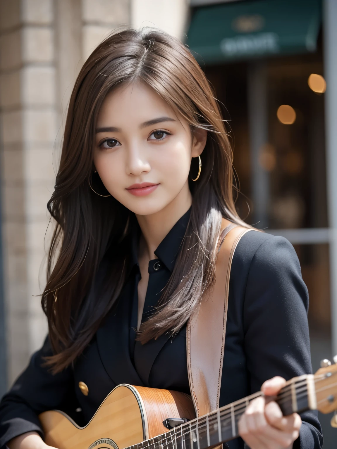 best quality, realistically, super detailed, detailed pubic hair, High resolution, solid color background，8k wallpaper, 1 beautiful woman,,light brown messy hair, wear a dark suit, lock focus, perfect dynamic composition, beautiful eyes, delicate hair, 细致realistically的皮肤纹理, smile, close up portrait, model body shape,Paris city center、playing the guitar