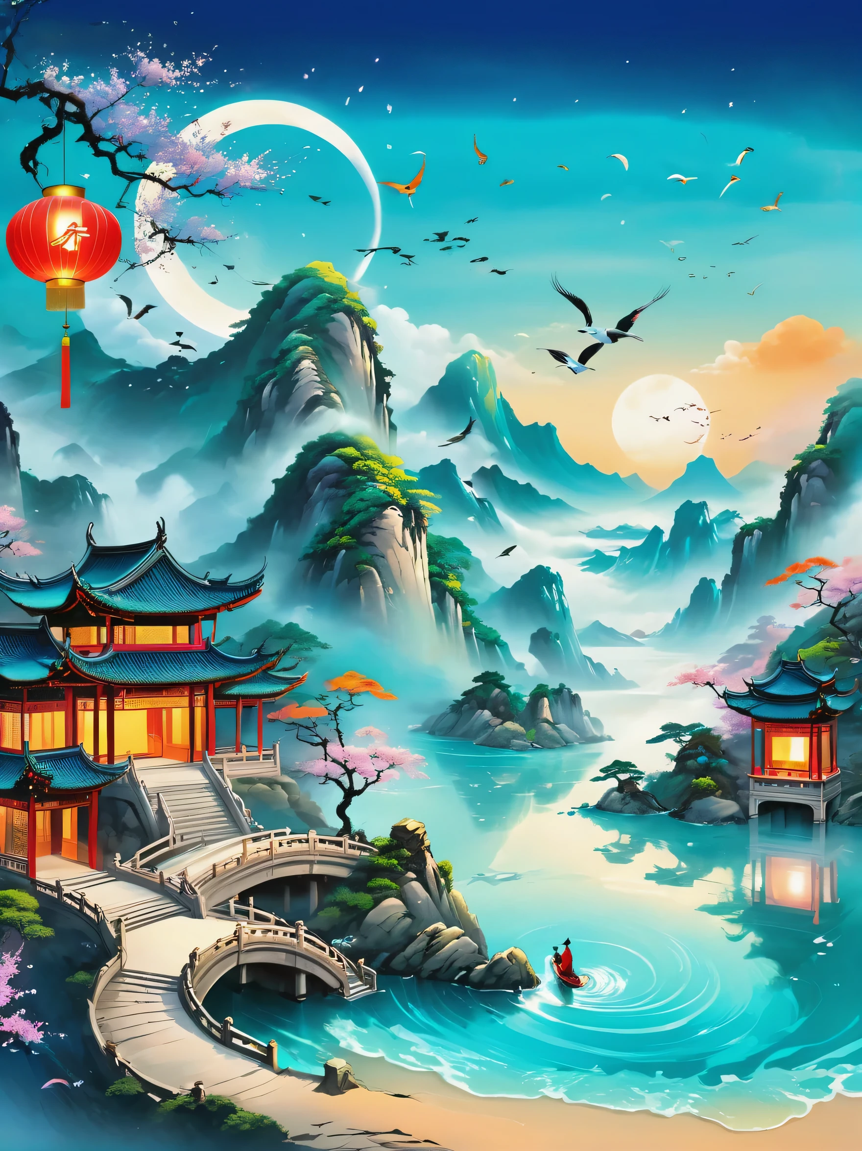 super detailed,ink style,Chinese Dream Landscape,((beach :1.5)), happy atmosphere, Modern technology, fantasy theme, handsome man and beautiful woman, Hanfu, Kongming Lantern, nine-tailed fox, crane, Tai Chi pattern, Require, Holographic projection game, Neon costumes, sense of time and space, imagination, dream world,magical atmosphere,happy and peaceful scene,Surreal and ethereal colors,texture landscape,otherworldly environment,Beautiful scenery,Hazy and mysterious atmosphere,dramatic light and shadow,Thrilling sense of adventure,Amazing natural wonders,Grandeur and sense of scale,Explore the possibilities