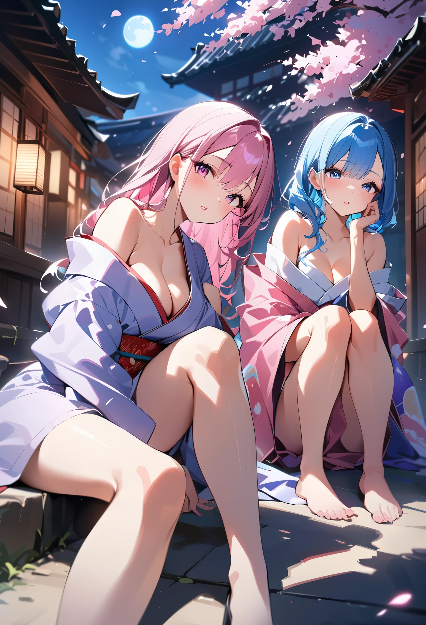 anime, two girls, 色ful hair,pink hair and blue hair、 long, dense lips、pink eyes, I can see the cleavage、Kyoto, cherry blossoms、petal、moon,  kimono、off shoulder、sitting, ultra high resolution、high resolution、masterpiece、16K、perfect lighting