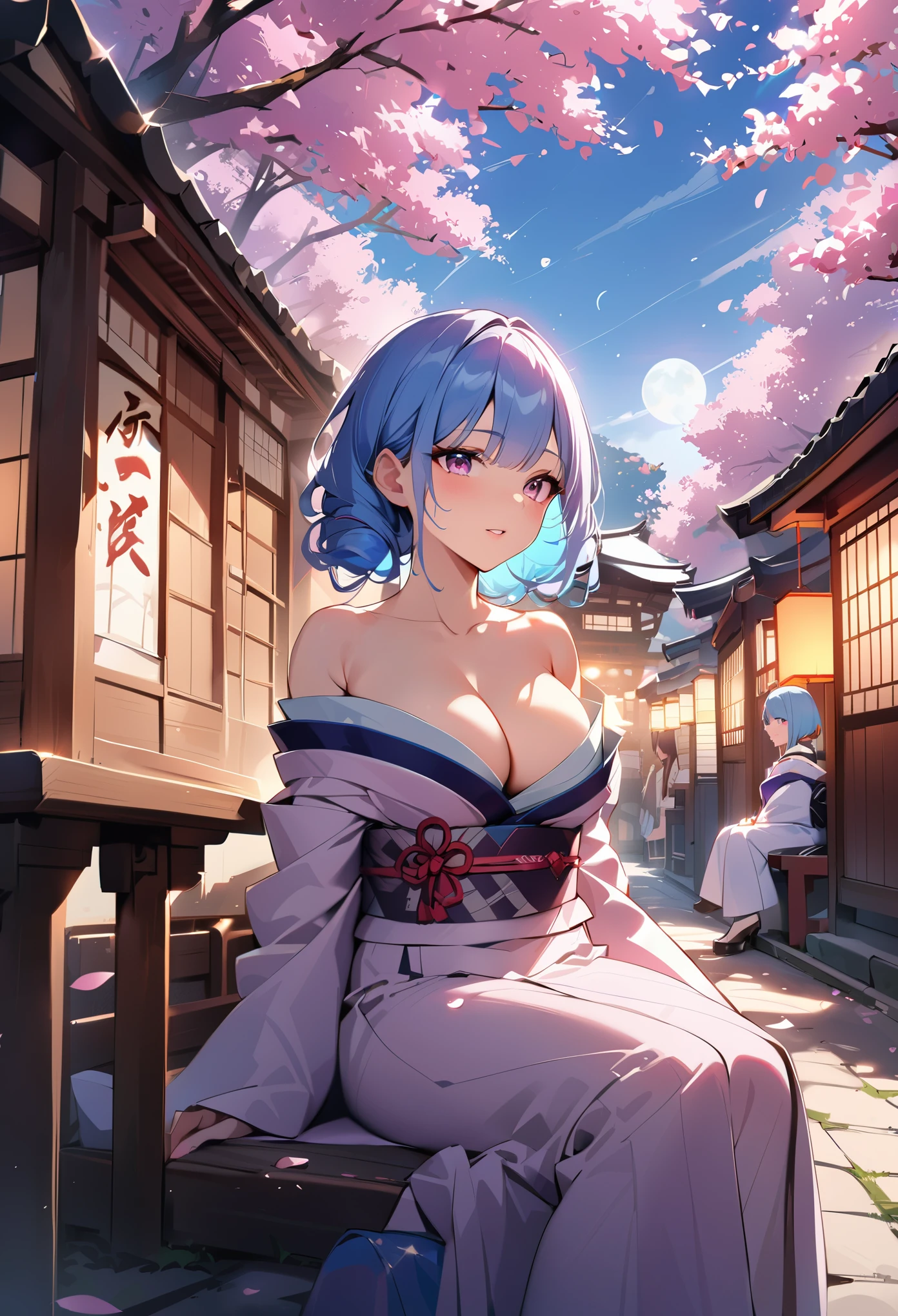 anime, two girls, 色ful hair,pink hair and blue hair、 long, dense lips、pink eyes, I can see the cleavage、Kyoto, cherry blossoms、petal、moon, kimono、off shoulder、sitting, ultra high resolution、high resolution、masterpiece、16K、perfect lighting
