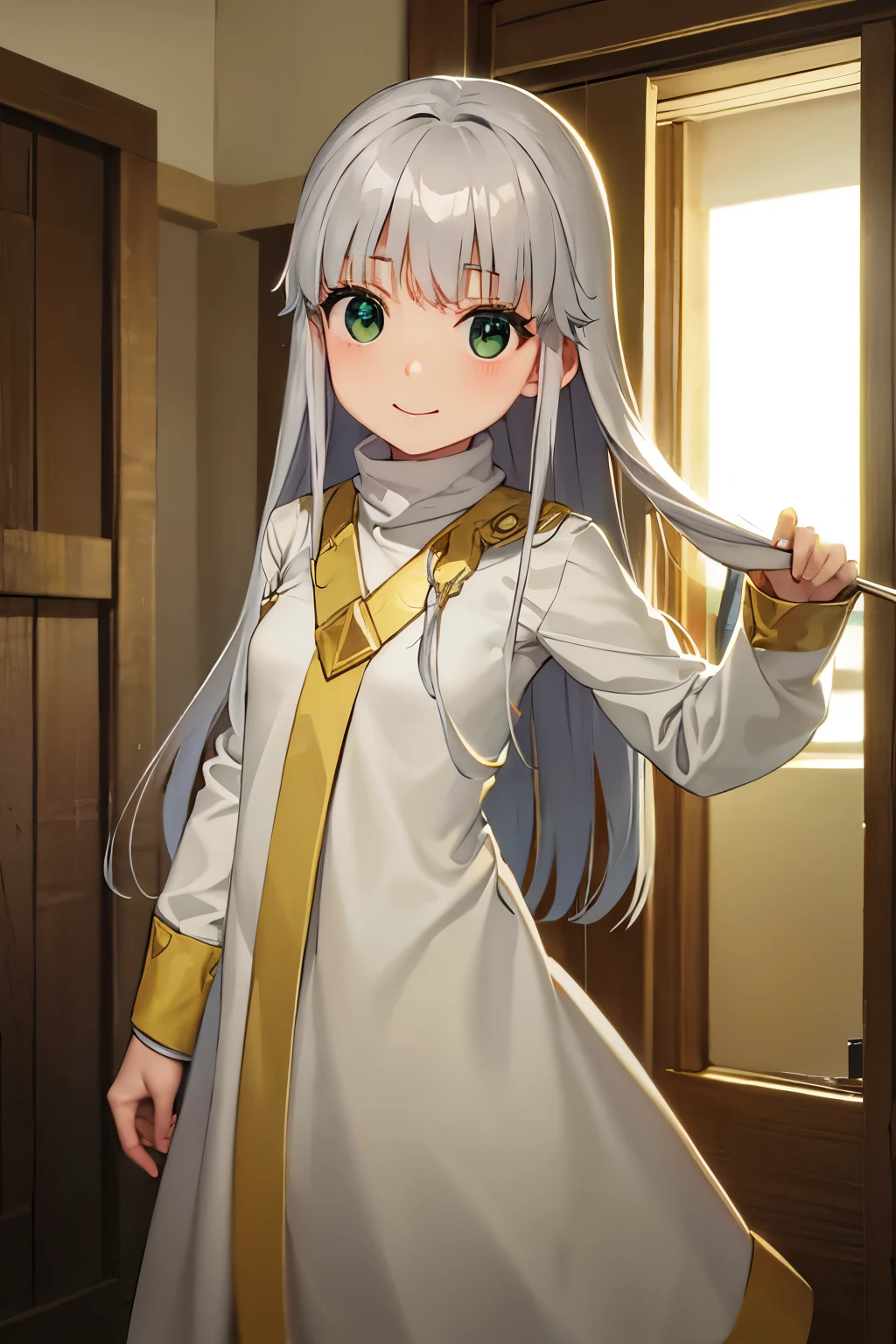 Long silver hair, green eyes, headband, necklace, nun, flat chest, beautiful thighs, smile, happy, inside house