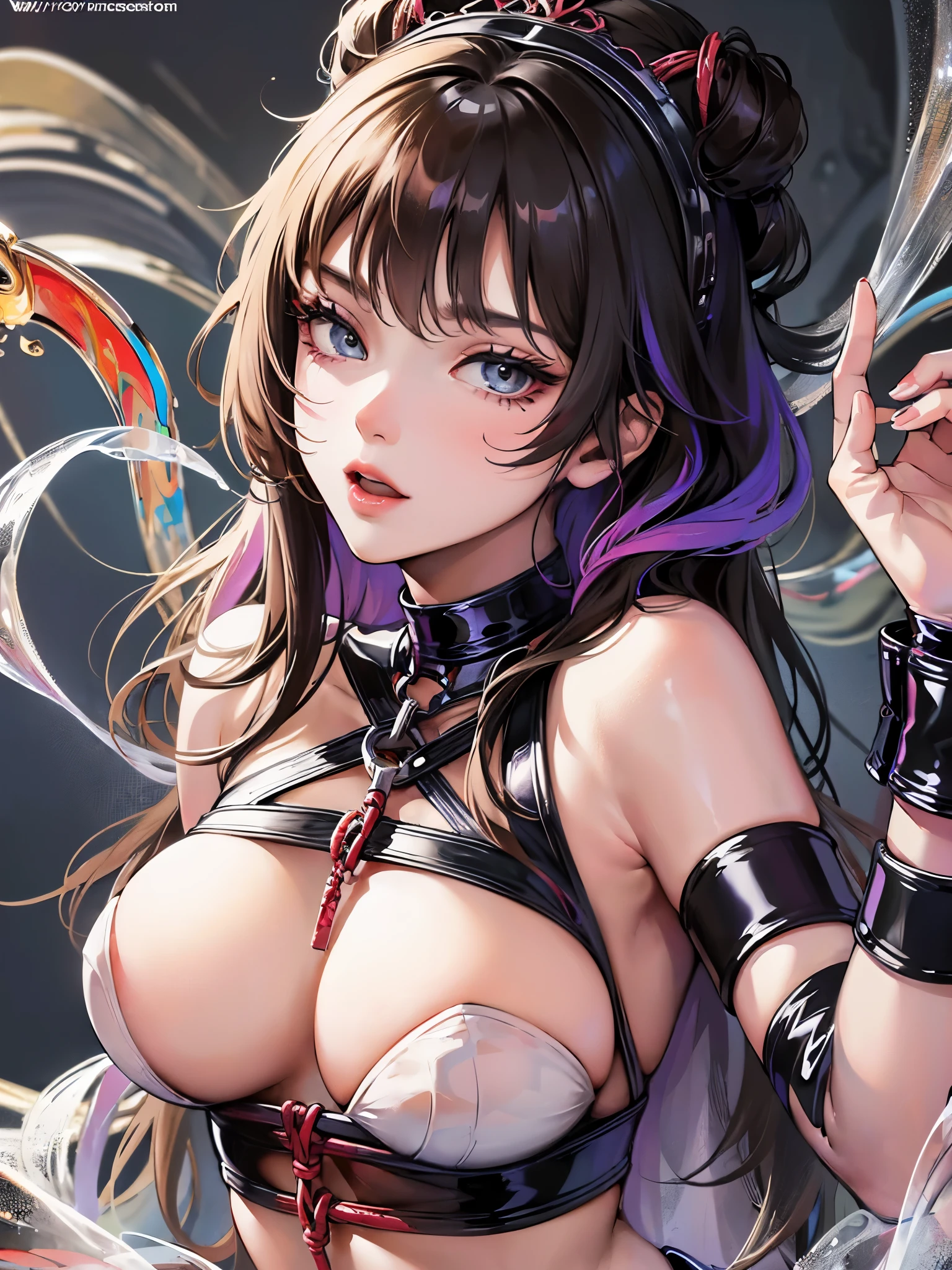 ((highest quality)),(ultra high resolution),(Super detailed),(detailed description),((best CG)),(best work of art),super precision art,amazing drawing art,(Art with precise details:1.5), (1 woman:1.6),(beautiful and well-shaped face:1.6),(colorful latex bondage:1.6),chain:1.3,accessories:1.3,