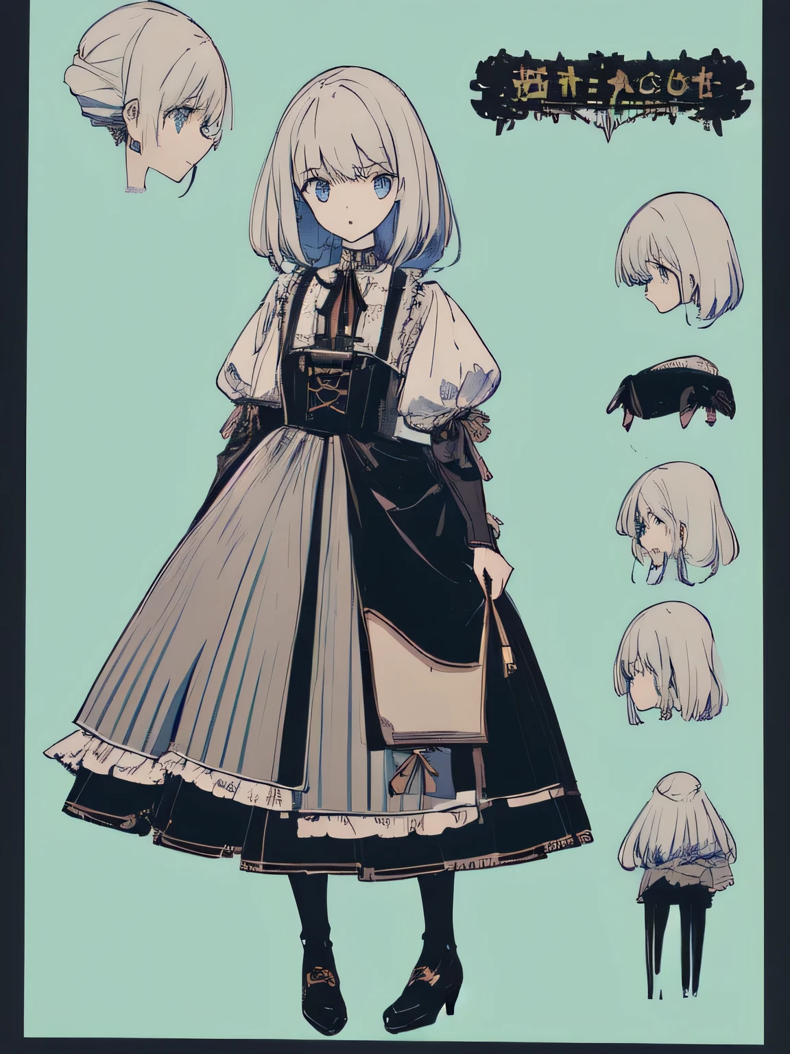((masterpiece)), (highest quality))), (character design sheet, National costume, same character, front, ~ ~ side, return), shape, 1 girl, whole body, silver hair, eyes hair, beautiful eyes, princess cut, Site of environmental change, short skirt, Shyness, woman, girl, Are standing, Gothic ta, V tuber, (simple returnground, white returnground: 1.3) ( masterpiece:1.2), (highest quality:1.3)