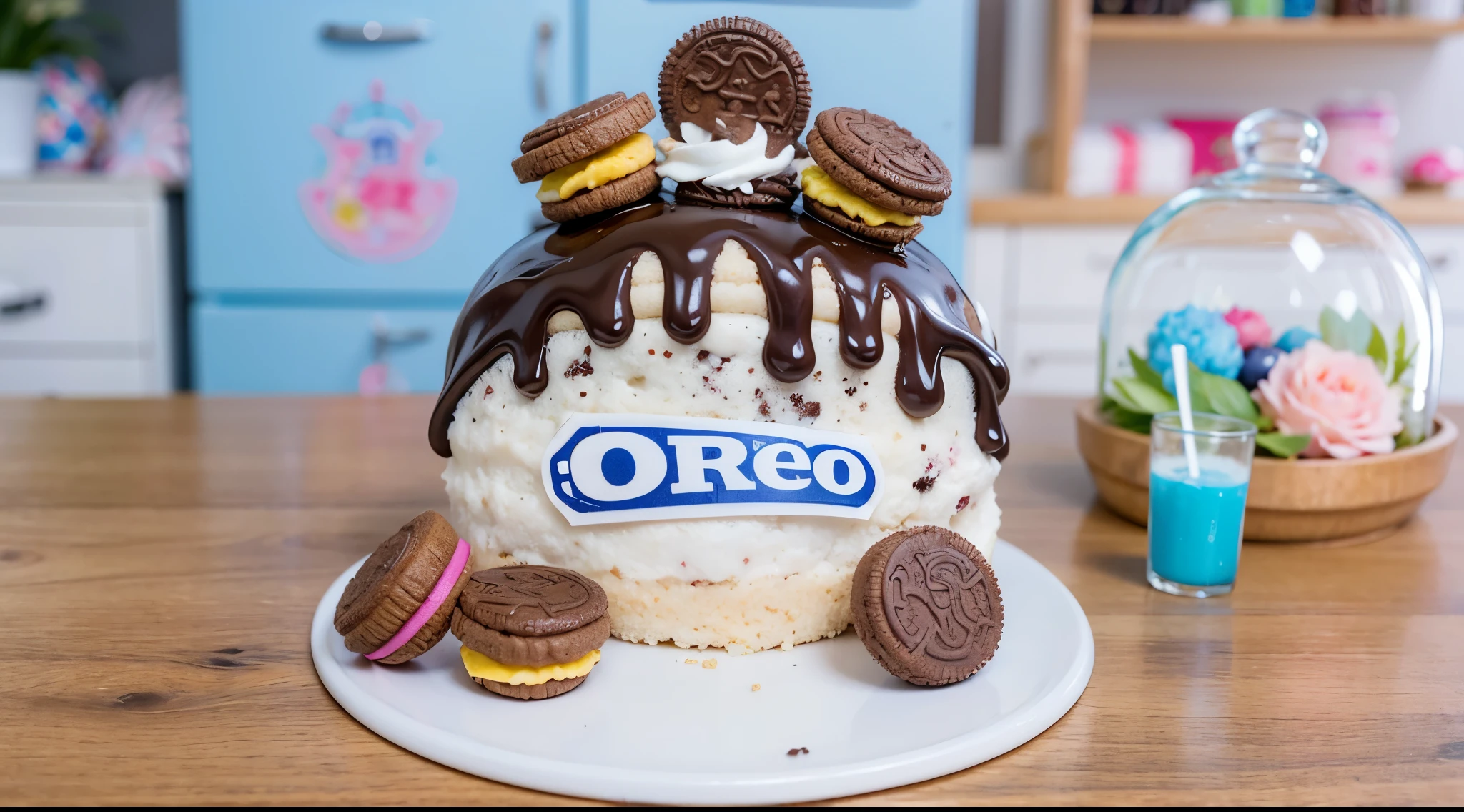 tiny white cream cake with chocolate chips, decorated with the Oreo logo, Oreos cookies with multi-colored filling and chocolate ganage.cake stands on a wooden table, next to it stands a tray with multi-colored candies under a glass dome and a tiny jar of blue bubbletia with a straw. background blurred kitchen, refrigerator, kitchen countertops, realistic texture, Realistic style, Detailed textures, high quality, A high resolution,  high quality рендера, beautiful voluminous cake, bright lighting, contour light, beautiful render, high quality photo, photograph of a confectionery product, macro photography, macro texture, hyper realistic food photography