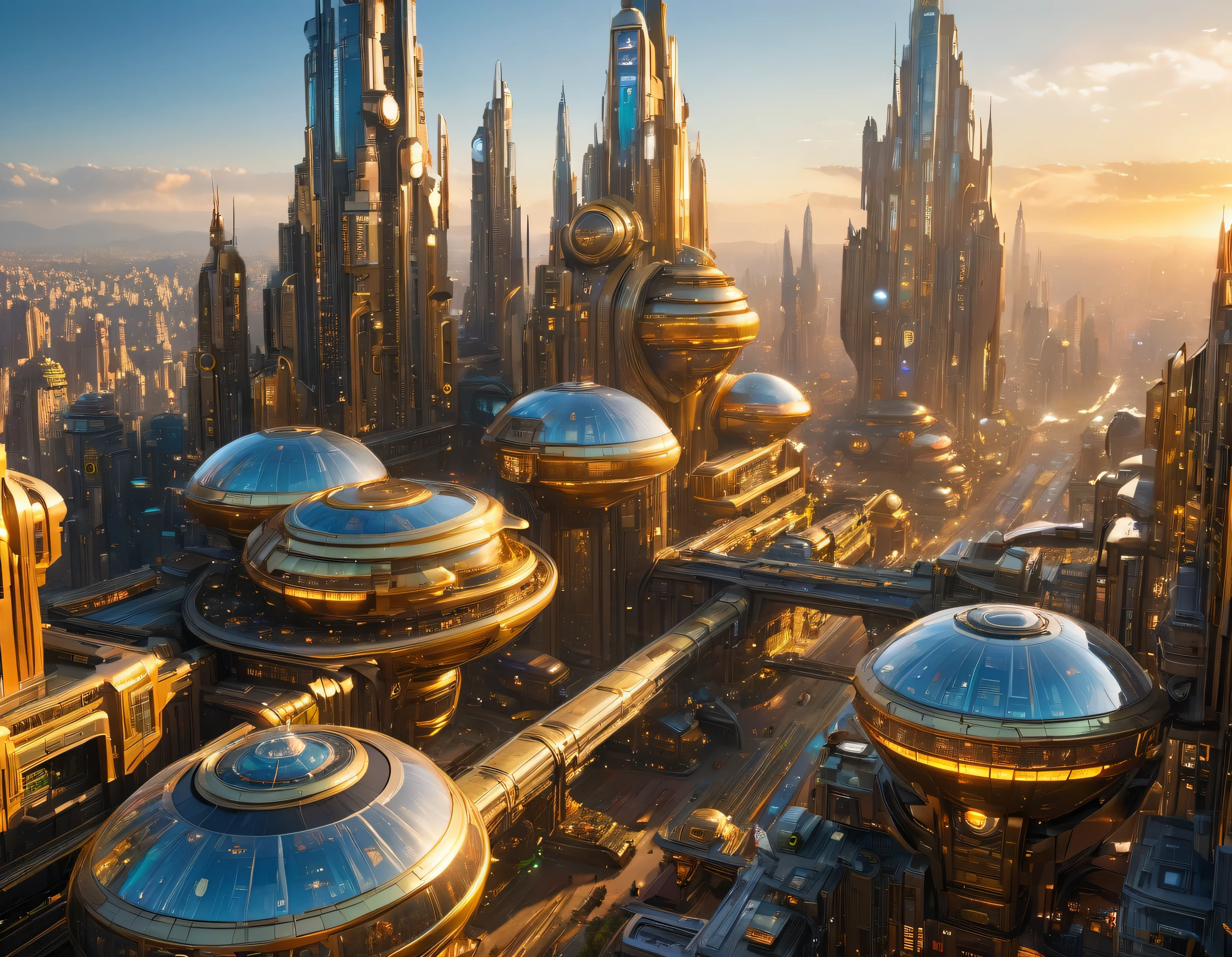 (golden hour lighting), megacity, megalopolis of an imaginary world of science fiction , parecido a una disneylandia futurista, and maximum fantasy, con inmensos edificios y rascacielos ovalados y dodecaedricos agrupados de metal y cristal donde predomina la plata y los anuncios luminosos de colores. imagen bien definida 8k, (intrincados detalles de la maquina), con muchos edificios juntos.(obra maestra de superior calidad).(imagen fotorrealista), nitidez absoluta hasta el fondo
