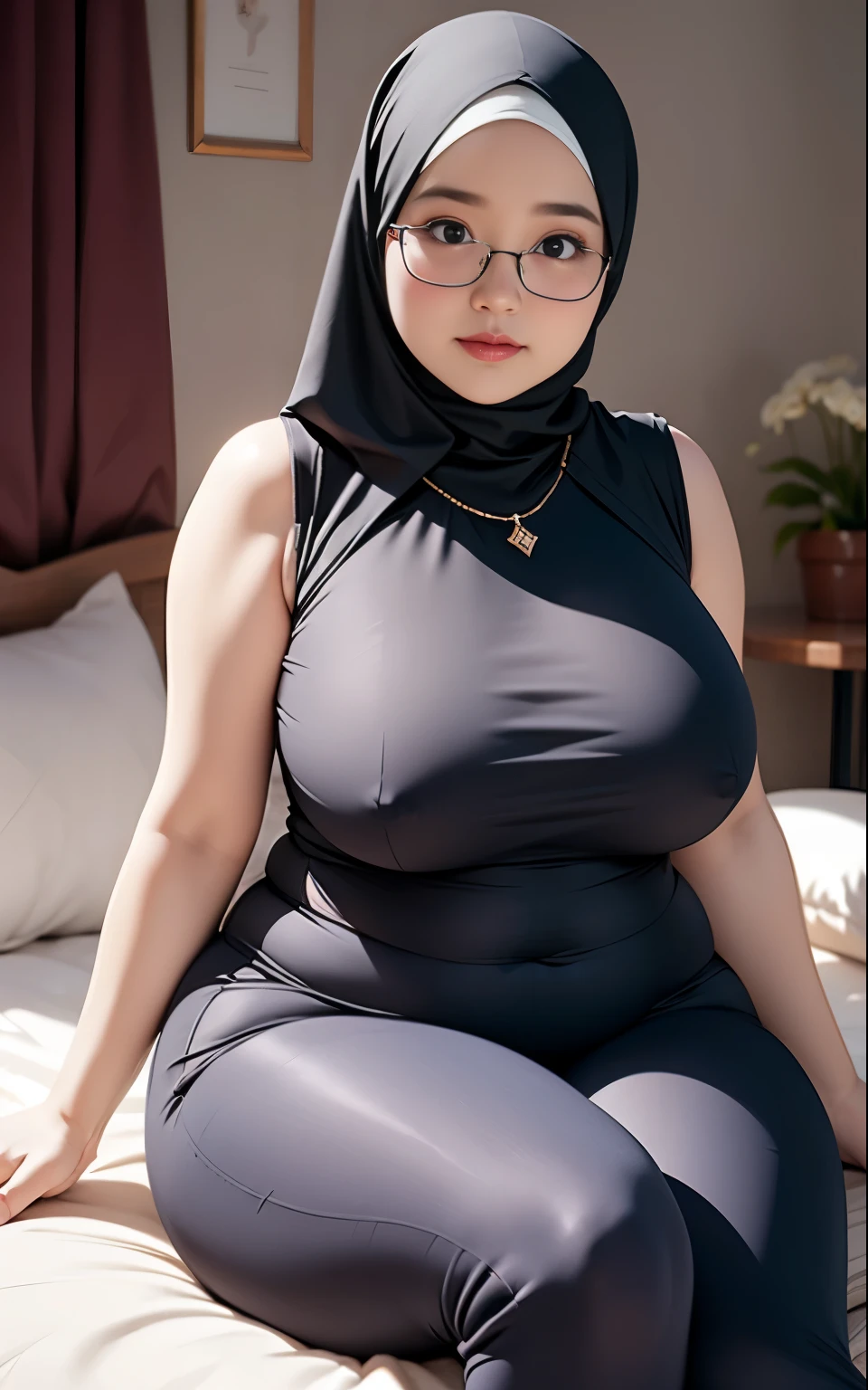 (wearing-hijab:1.4), ((ultra gigantic tits))), ((plump body shape)), ((Plump)), ((Nipple Exposed)), (Detailed description of face),(Detailed description of body), Fair and clear skin, matchless beauty, long legged,(Stockings),Beauty mole,(Sapphire Necklace),(mature royal Mother),(red-lips),(touch tits), (seducting smile), Facing the audience,Hand Lie On bed、Lie down on bed, dress、the royal palace、a bed、doress、see -through, wearing glasses, wearing t-shirt and thight pants , thick arm, thick thighs