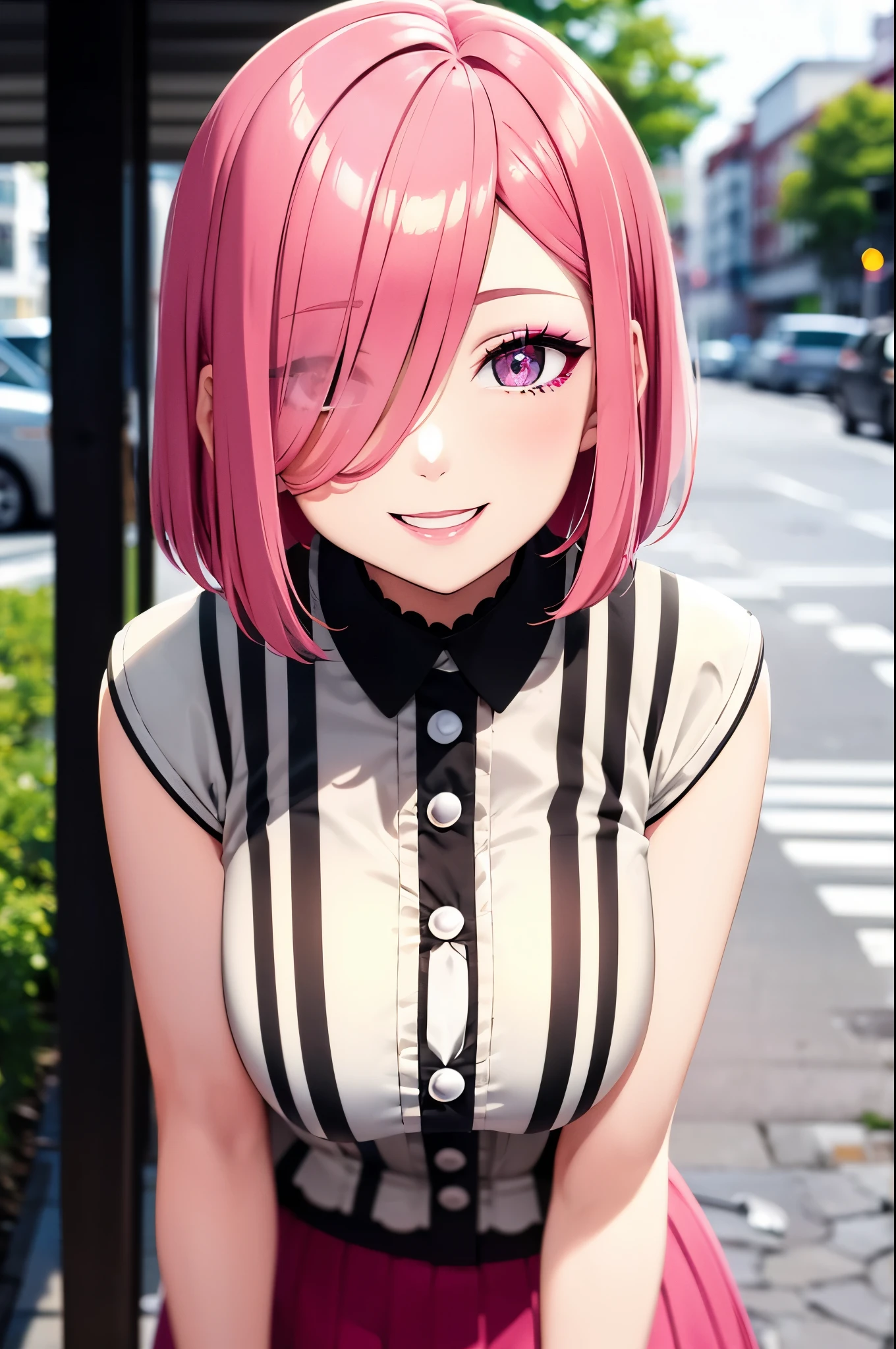 ultra-detailed face, ((dropping eyes)), 28 year old woman, vibrant colors, soft natural lighting, bokeh effect. spring outfit, flawless makeup, professional photography, street snapshot, (happy expression), pink hair, short hair, long skirt