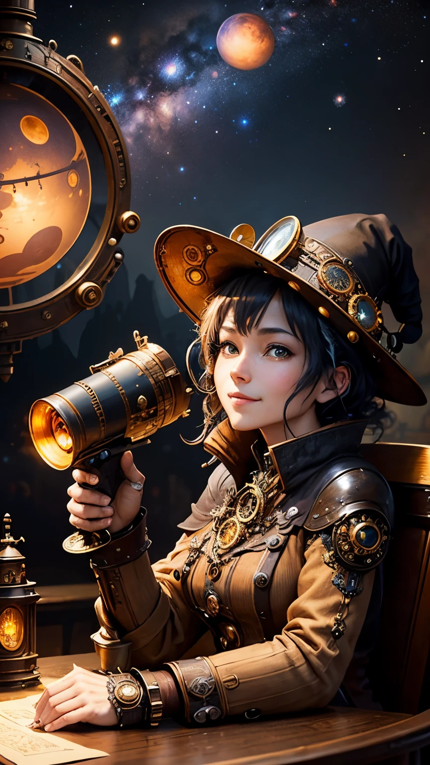 steampunkai。highest quality。masterpiece。detailed details。one woman。steampunk witch。smile。Observing celestial bodies with a mysterious observation device like a telescope。Mysterious machines all over the desk。The background is the galaxy。