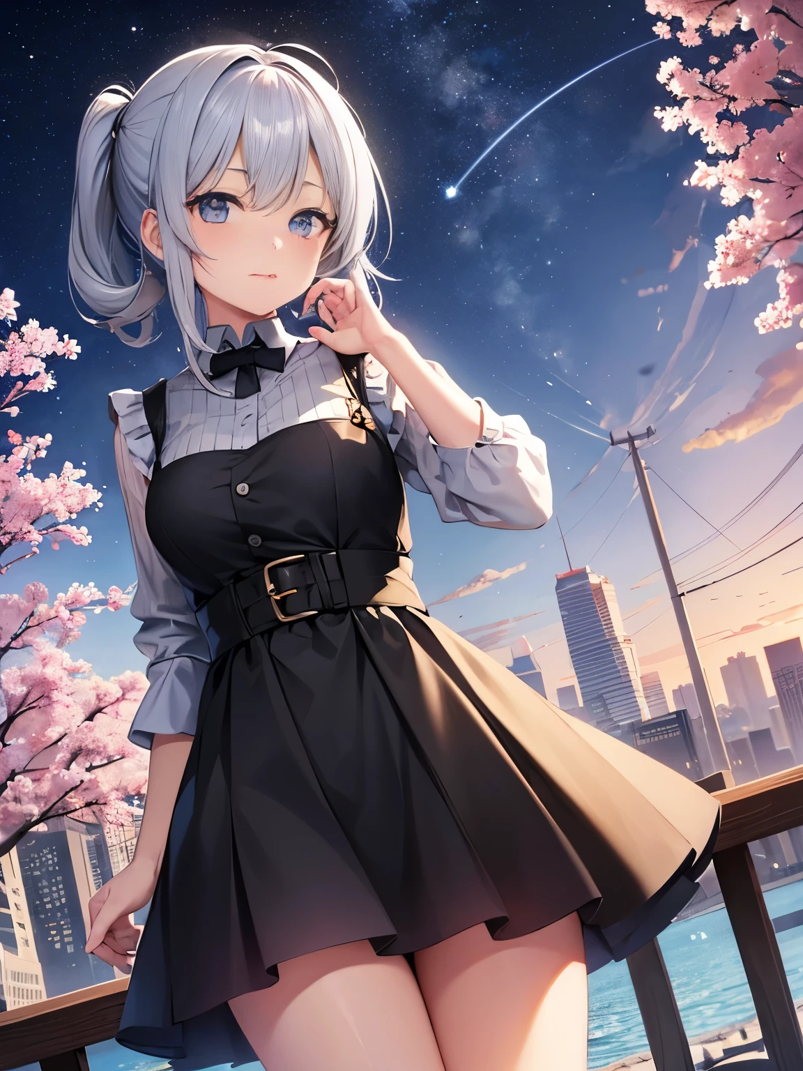 The background is the city, perfect gray haired girl, in a dress, gray haired, gray haired god, Cute anime wife in beautiful clothes, gray haired, Best Anime 4K Kona-chan Wallpaper, with a slight curve, Gubes on Pixiv ArtStation, gray haired girl, Nightcore, standing on a tree, looking up at the stars, highly detailed face