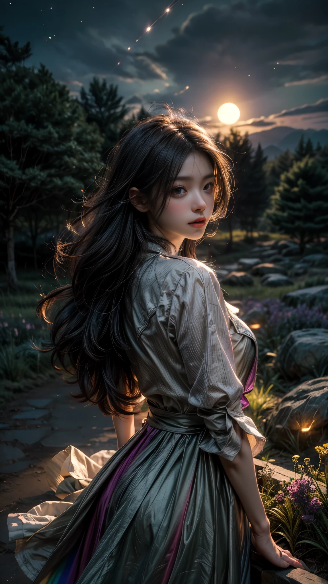 Vast landscape photo, (viewed from below, the sky is above and the open field is below), a girl standing on a flower field looking up, (full moon: 1.2), (meteor: 0.9), (nebula: 1.3), distant mountains , Trees BREAK Crafting Art, (Warm Light: 1.2), (Fireflies: 1.2), Lights, Lots of Purple and Orange, Intricate Details, Volumetric Lighting, Realism BREAK (Masterpiece: 1.2), (Best Quality), 4k, Ultra-Detailed, (Dynamic Composition: 1.4), Very Detailed, Colorful Details, (Rainbow Colors: 1.2), (Glow Lighting, Atmospheric Lighting), Dreamy, Magical, (Solo: 1.2)