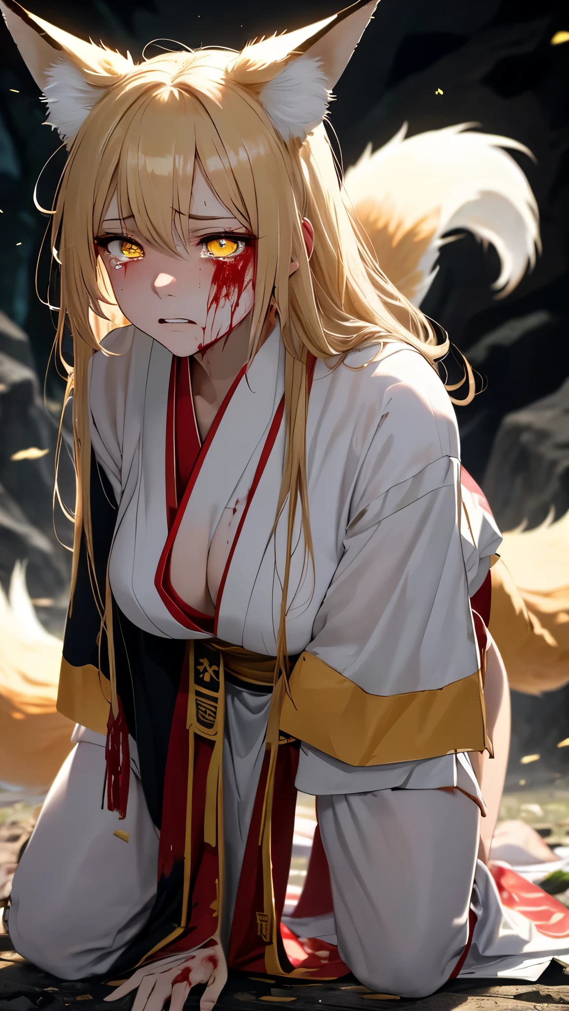 (masterpiece, best_quality, ultra-detailed, immaculate:1.3), portrait, upper body, detailed face, detailed hands, ((1girl:1.35)), epic, kitsune, ((9 tail fox)), foxgirl, japanese spirit, sexy kimono, ((damaged, bloody, Injured, action pose)), ((falling on knees pose)), ((angry face expression, grin, sharp teeth, predator's grin)), curvy body, messy hair, disheveled hair, animal eyes, yellow fox glowing eyes, priestess of love, priestess of passion, ((shadows, fog, mist, dark deep cave background))