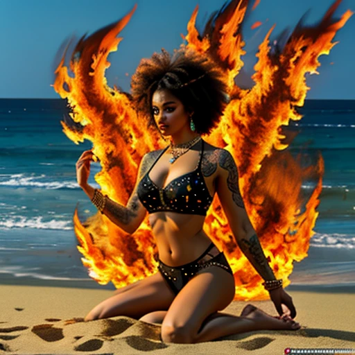 ultra-detailed, high ((best quality)), ((art)), majestic and intricately detailed smooth oil painting (beautiful black, Indian woman, muscular body, full body Afro tattoos, Goddess of Fire, on a beach), refined and elegant, cubism style, Salvador Dali style -ar 9:16 - v6