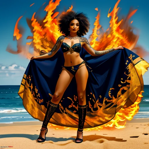ultra-detailed, high ((best quality)), ((art)), majestic and intricately detailed smooth oil painting (beautiful black, Indian woman, muscular body, full body Afro tattoos, Goddess of Fire, on a beach), refined and elegant, cubism style, Salvador Dali style -ar 9:16 - v6