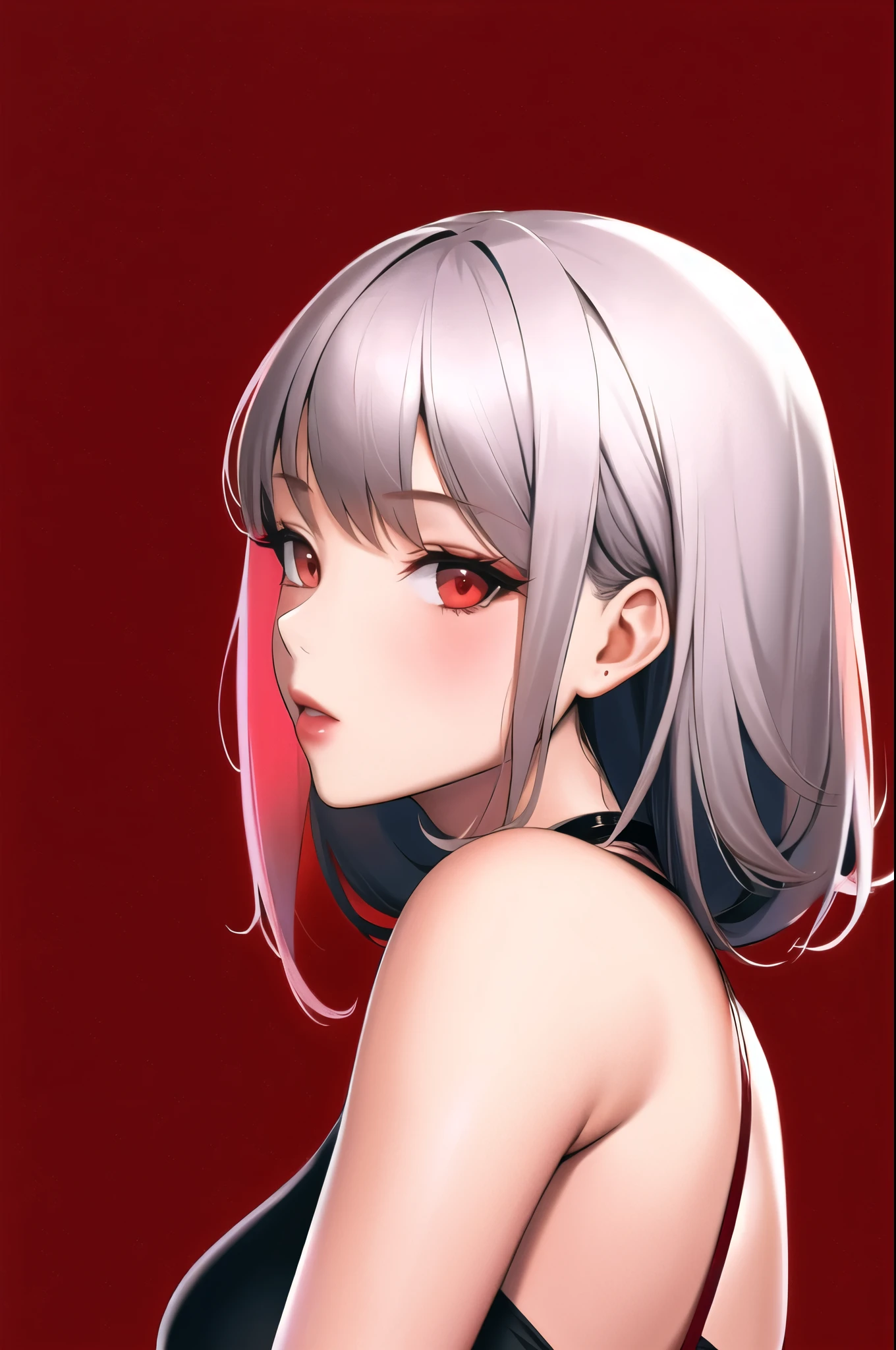 1girl, solo,red theme,looking at viewer,large breasts,portrait,from side,bad-girl,((mature female))