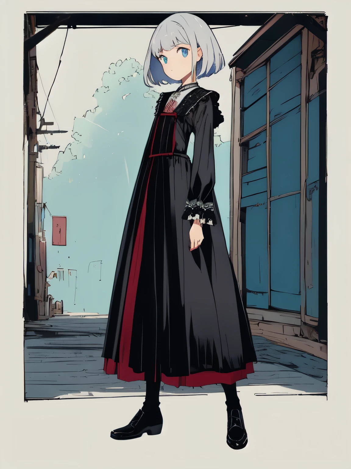 ((masterpiece)), (highest quality、detailed))), (character design sheet, National costume, same character, front, ~ side, return), figure, 1 girl, whole body, silver hair, eyes hair, beautiful eyes, princess cut, Scene of environmental change, short skirt, Shyness, woman, girl, Are standing, Gothic Lolita, V tuber, (simple returnground, white returnground: 1.3) ( masterpiece:1.2), (highest quality:1.3)