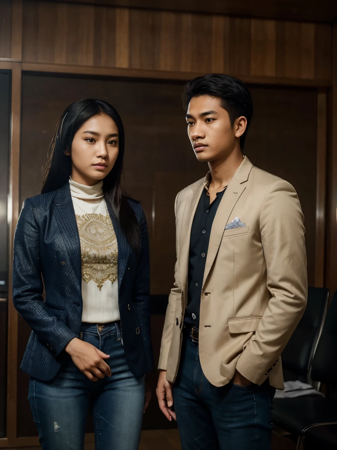 a young Indonesian man standing next to a young Indonesian woman. beautiful young woman, Hijab, blazer, jeans. best quality, realistic, photorealistic, (intricate detail: 1.2), (fine detail), (cinematic light), clear lines, sharp focus, realistic face, detailed face, unity 8k wallpaper, very high resolution, (photorealistic: 1.4), He was looking at the audience