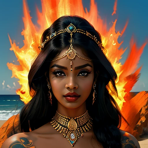 ultra-detailed, high ((best quality)), ((art)), majestic and intricately detailed smooth oil painting (beautiful black, Indian woman, muscular body, fine features, shapely face, afro tattoos all over the body, Goddess of Fire, on a beach), refined and elegant, cubism style, Salvador Dali style -ar 9:16 - v6