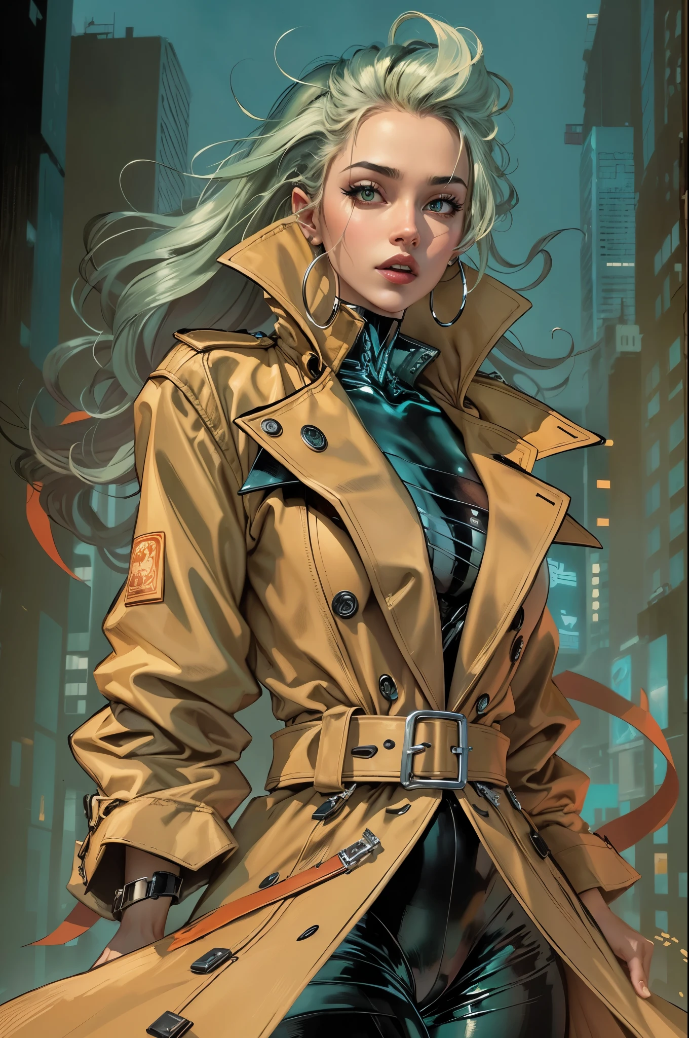  ((best quality)) , ((masterpiece)) ,((details)) ,comic alluring,a Hip-Hop Female Banshee, she is wearing a Trench coat, her Trench coat is tailored by Jason Wu, Cybernetic Eye, 8k resolution ((Simple background)),graphic illustration, comic art, graphic novel art, vibrant, highly detailed,8k resolution