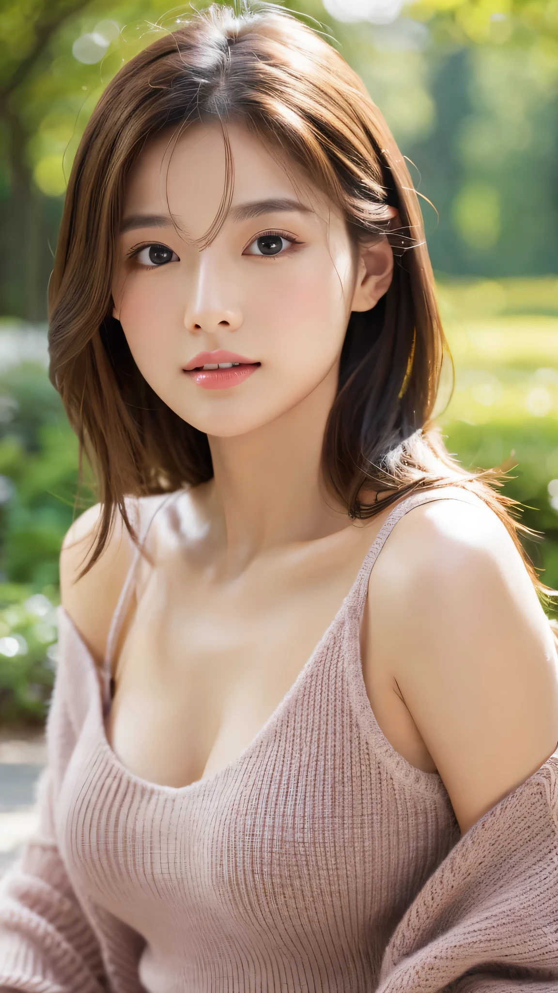 Cherry tree、swimsuit、open chest、I&#39;m not wearing anything inside、whole body、NiziUAYAKA、 ４Ｋ、１people&#39;s women、slender、 Loose wavy styling 、seductive and attractive、Including face and skin texture.，detailed eyes、A soothing expression with a smile