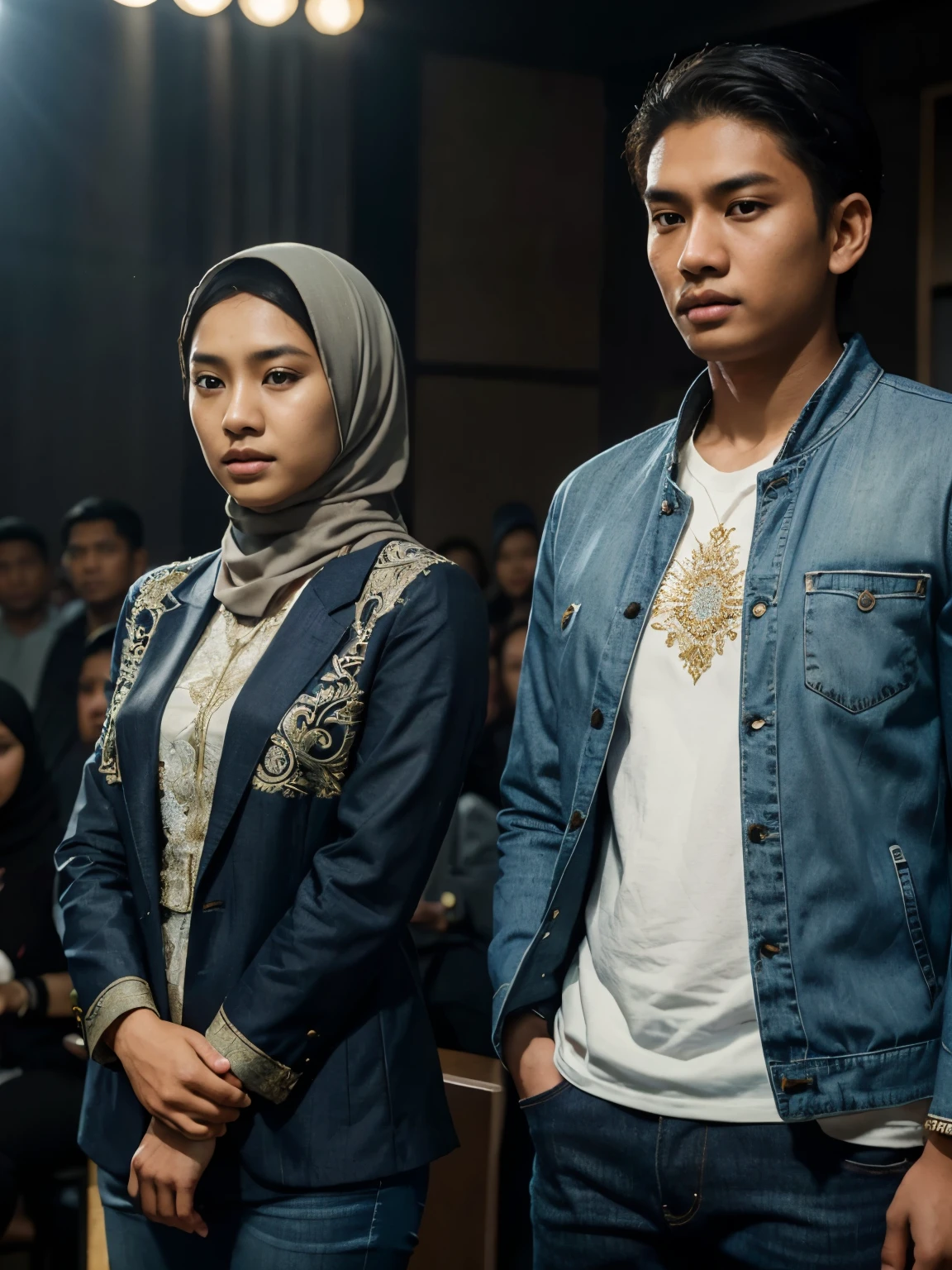 a young Indonesian man standing next to a young Indonesian woman. beautiful young woman, Hijab, blazer, jeans. best quality, realistic, photorealistic, (intricate detail: 1.2), (fine detail), (cinematic light), clear lines, sharp focus, realistic face, detailed face, unity 8k wallpaper, very high resolution, (photorealistic: 1.4), He was looking at the audience