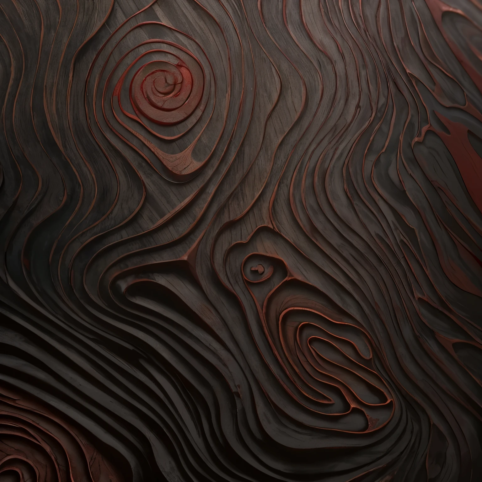 Close-up of wooden surface with red swirls, Detailed wood, abstract texture,Charred,Fascinating textures,Wood grain, wood carving, glowing red veins, woodblock print, Intricate details and textures,Patterns and textures