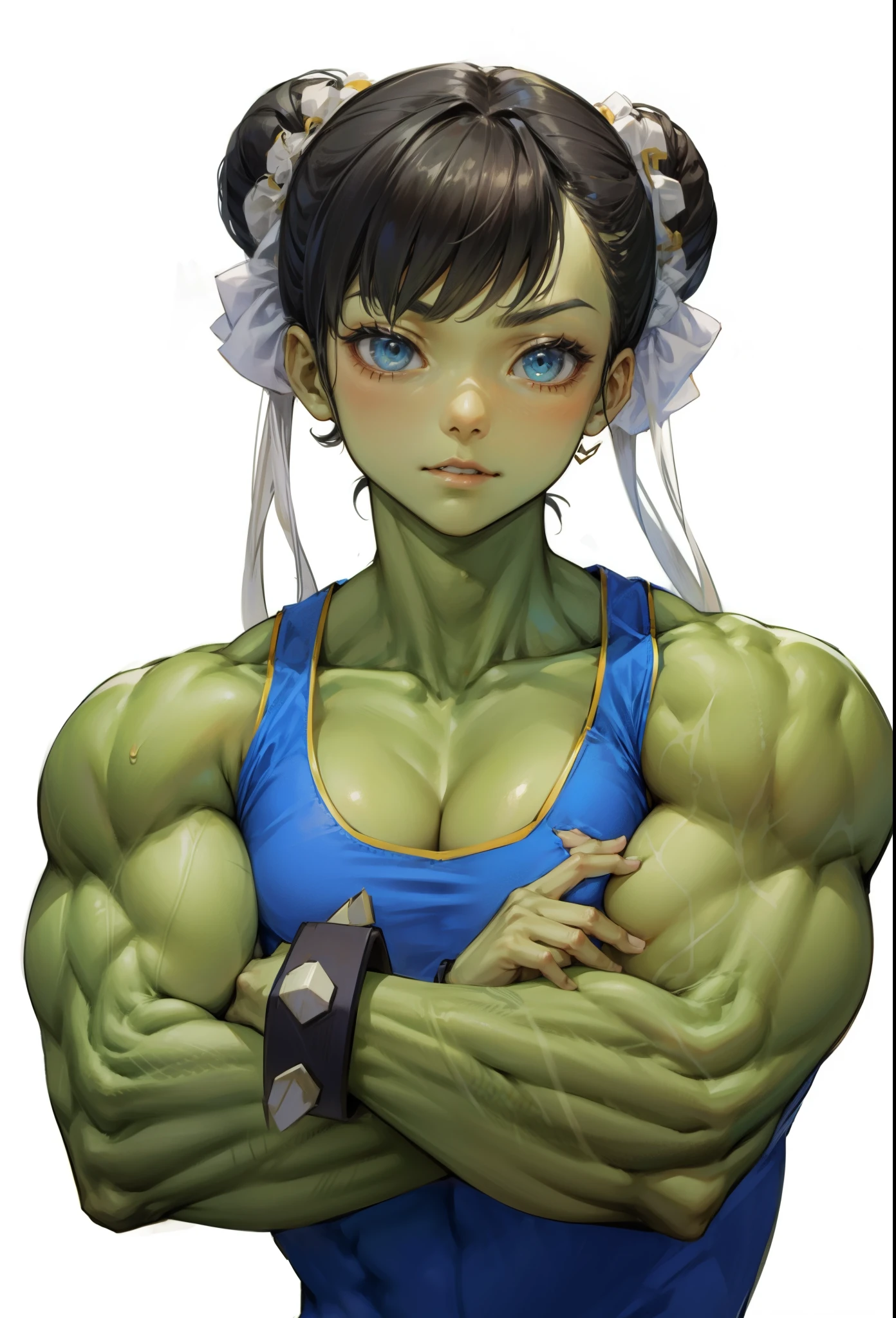 1 girl, black hair ,green skin,muscular female, alternate muscle size,, chun li, , , biceps,muscular shoulder,upper body,thick arm,