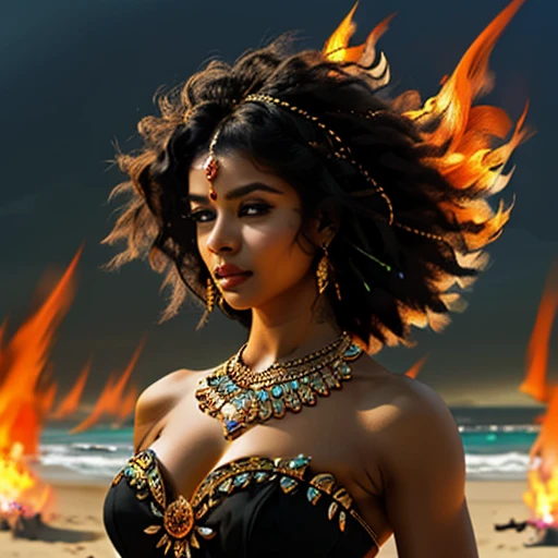 ultra-detailed, high ((best quality)), ((art)), majestic and intricately detailed smooth oil painting (beautiful black, Indian woman, muscular body, fine features, shapely face, afro tattoos all over the body, Goddess of Fire, on a beach), refined and elegant, cubism style, Salvador Dali style -ar 9:16 - v6