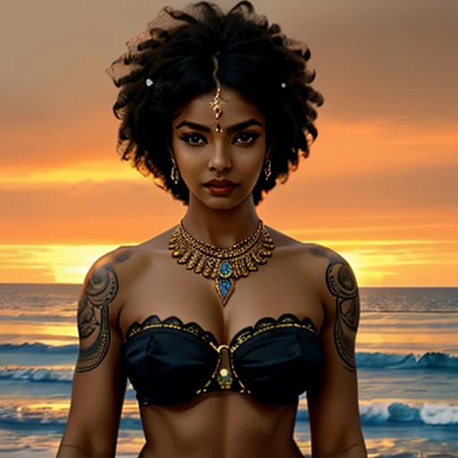 ultra-detailed, high ((best quality)), ((art)), majestic and intricately detailed smooth oil painting (beautiful black, Indian woman, muscular body, fine features, shapely face, afro tattoos all over the body, Goddess of Fire, on a beach), refined and elegant, cubism style, Salvador Dali style -ar 9:16 - v6