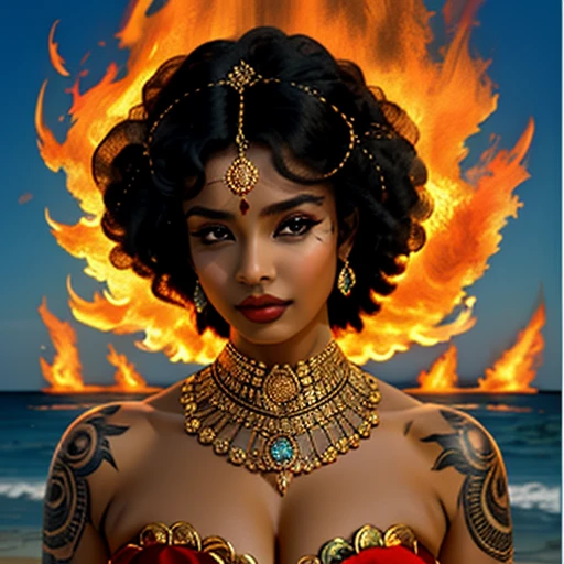ultra-detailed, high ((best quality)), ((art)), majestic and intricately detailed smooth oil painting (beautiful black, Indian woman, muscular body, fine features, shapely face, afro tattoos all over the body, Goddess of Beautifully adorned fire, on a beach), exquisite and elegant, cubism style, Salvador Dali style -ar 9:16 - v6