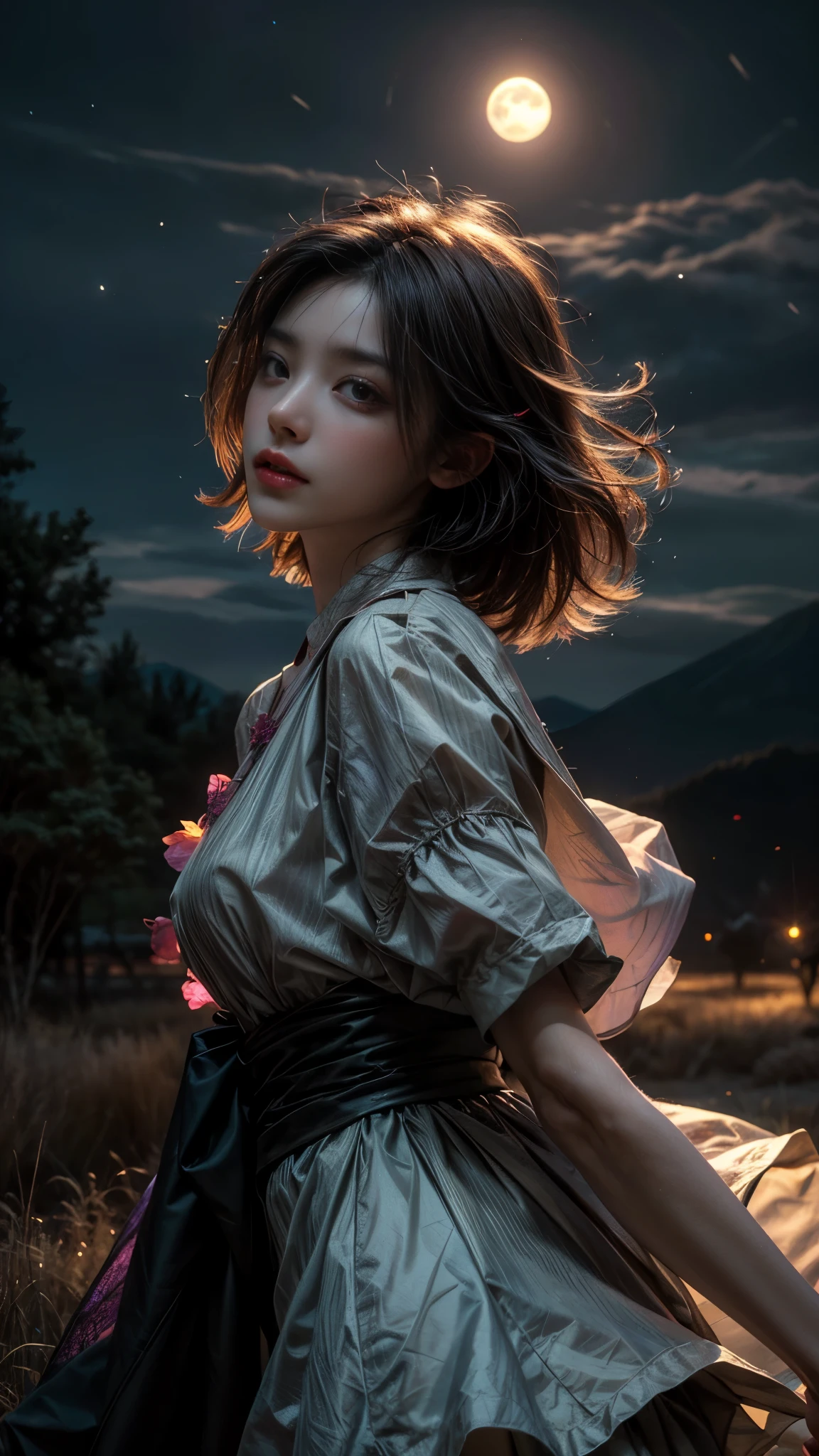 Vast landscape photo, (viewed from below, the sky is above and the open field is below), a girl standing on a flower field looking up, (full moon: 1.2), (meteor: 0.9), (nebula: 1.3), distant mountains , Trees BREAK Crafting Art, (Warm Light: 1.2), (Fireflies: 1.2), Lights, Lots of Purple and Orange, Intricate Details, Volumetric Lighting, Realism BREAK (Masterpiece: 1.2), (Best Quality), 4k, Ultra-Detailed, (Dynamic Composition: 1.4), Very Detailed, Colorful Details, (Rainbow Colors: 1.2), (Glow Lighting, Atmospheric Lighting), Dreamy, Magical, (Solo: 1.2)