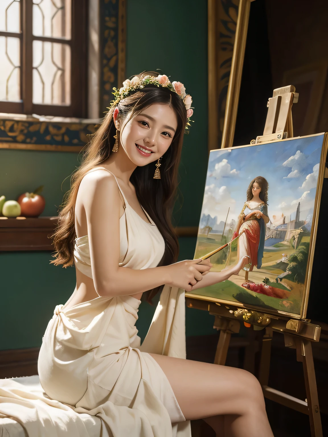 Giorgione painting style,roses in vase、fruits、Cute trinkets、smile、ancient greek costume、Clothes that stretch your shoulders、A big smile、beautiful bare skin,Female painter painting oil in her studio,Woman painting in oil with oil brush and palette,Woman painting oil on canvas