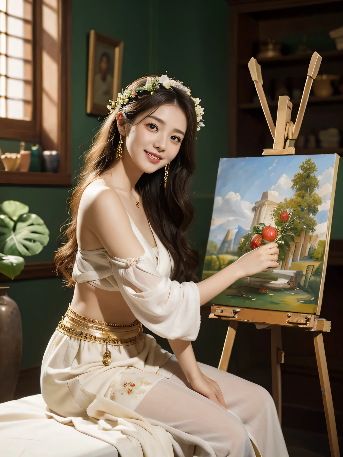 Giorgione painting style,roses in vase、fruits、Cute trinkets、smile、ancient greek costume、Clothes that stretch your shoulders、A big smile、beautiful bare skin,Female painter painting oil in her studio,Woman painting in oil with oil brush and palette,Woman painting oil on canvas
