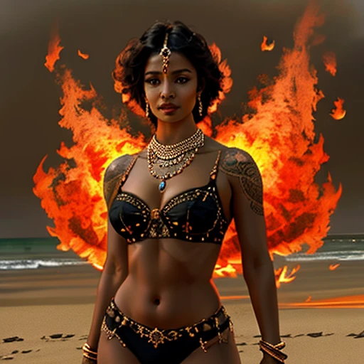 ultra-detailed, high ((best quality)), ((art)), majestic and intricately detailed smooth oil painting (beautiful black, Indian woman, muscular body, fine features, shapely face, afro tattoos all over the body, Goddess of Beautifully adorned fire, on a beach), exquisite and elegant, cubism style, Salvador Dali style -ar 9:16 - v6