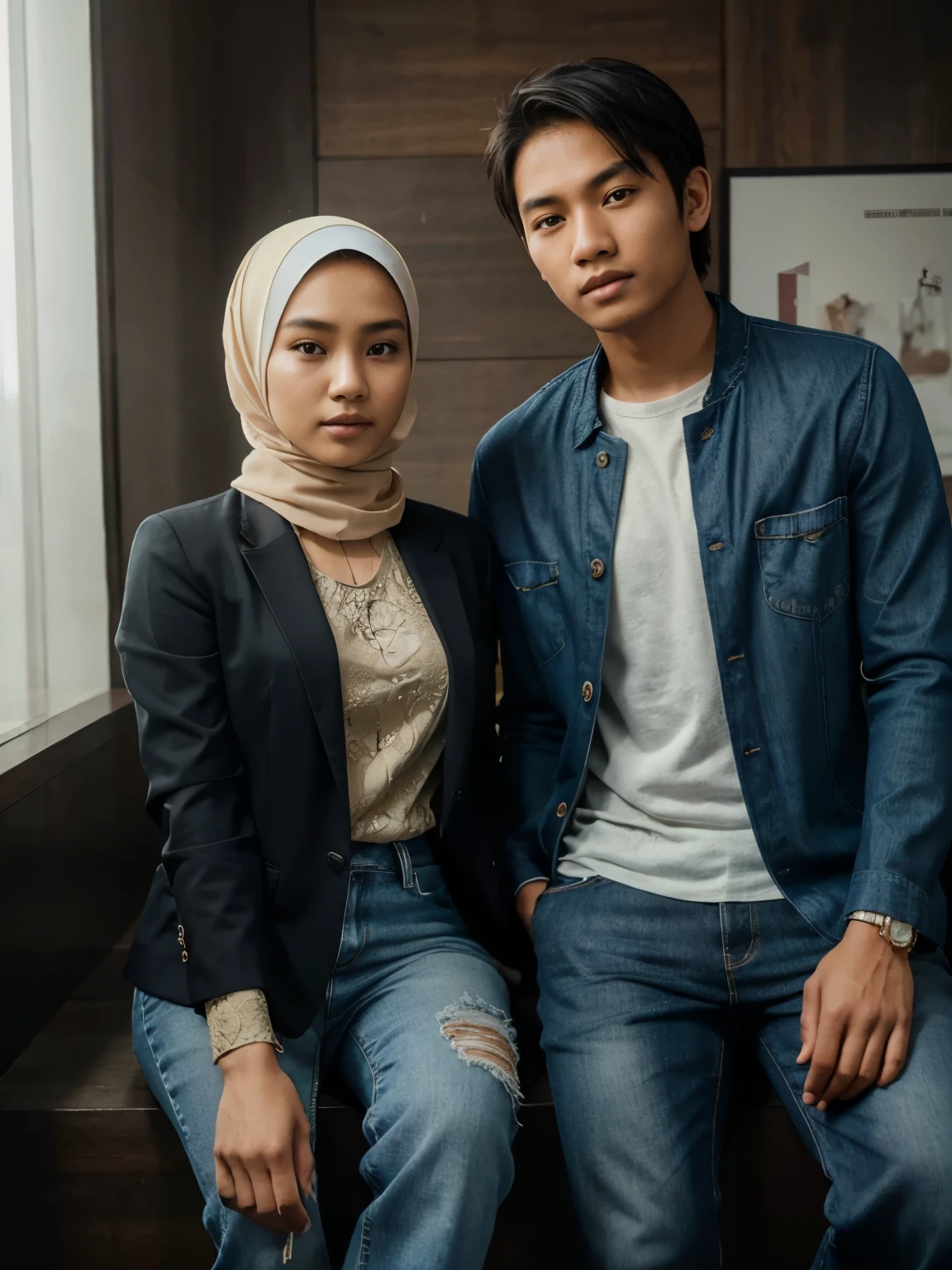 a young Indonesian man sits posing next to a young Indonesian woman. beautiful young woman, Hijab, blazer, jeans. best quality, realistic, photorealistic, (intricate detail: 1.2), (fine detail), (cinematic light), clear lines, sharp focus, realistic face, detailed face, unity 8k wallpaper, very high resolution, (photorealistic: 1.4), He was looking at the audience