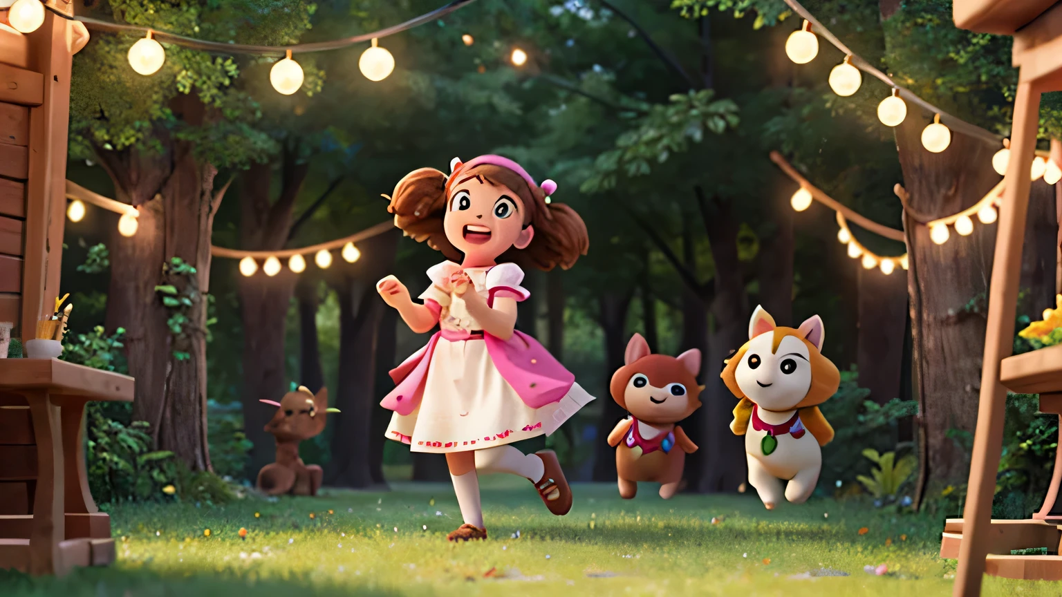 Generate images of Pippa and her friends entertaining viewers with their playful skills and charming antics during a . Capture the laughter and joy of magical creatures. In a forest full of vitality and magic.