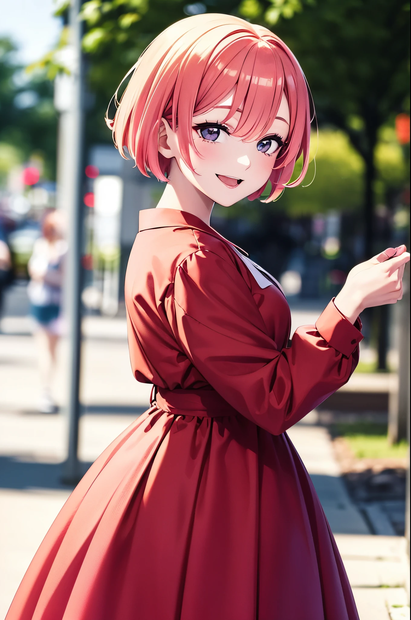 ultra-detailed face, ((dropping eyes)), 28 year old woman, vibrant colors, soft natural lighting, bokeh effect. spring dress, flawless makeup, professional photography, street snapshot,  (happy expression), pink hair, short hair, long skirt, from side