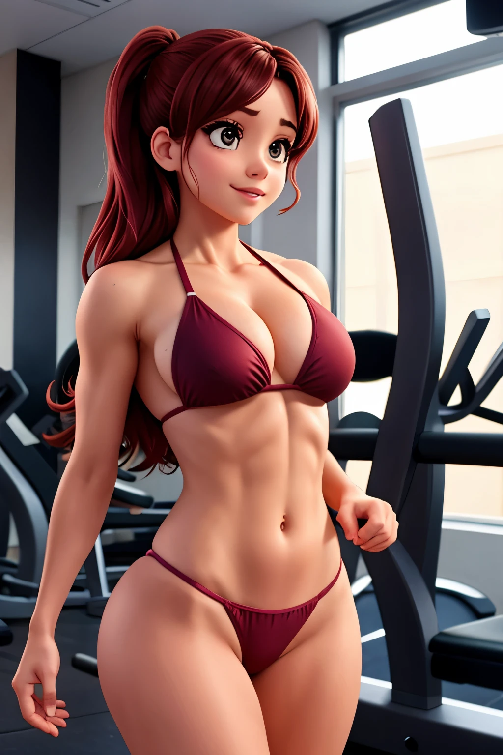 Uma garota de peitos gigantescos, she is at the gym, wearing a small burgundy bikini
