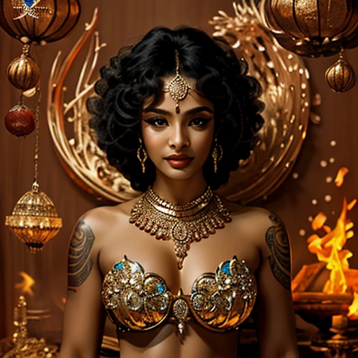 ultra-detailed, high ((best quality)), ((art)), majestic and intricately detailed smooth oil painting (beautiful black, Indian woman, muscular body, fine features, shapely face, afro tattoos all over the body, Goddess of Beautifully adorned fire, on a beach), exquisite and elegant, cubism style, Salvador Dali style -ar 9:16 - v6