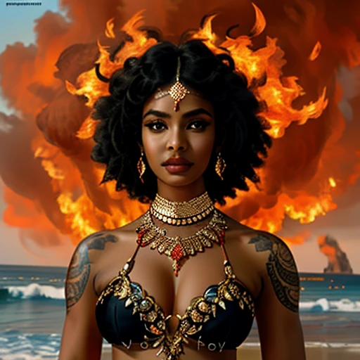 ultra-detailed, high ((best quality)), ((art)), majestic and intricately detailed smooth oil painting (beautiful Indian woman, muscular body, full body Afro tattoos, Goddess of Fire, on a beach), refined and elegant, cubism style, Salvador Dali style -ar 9:16 - v6