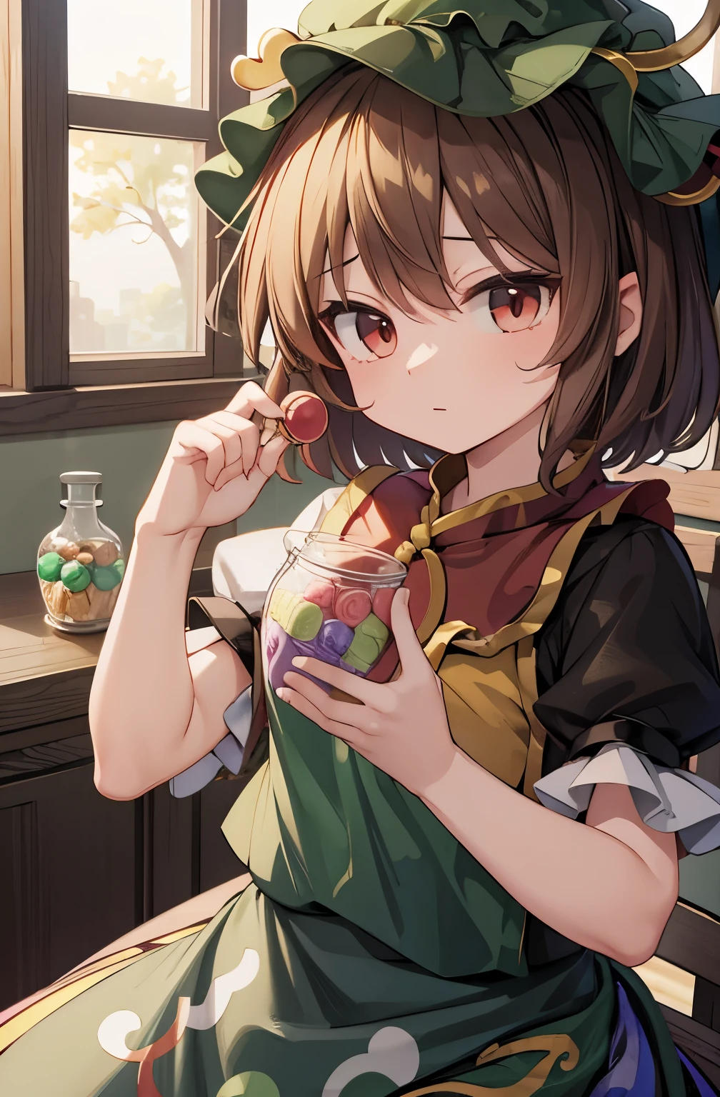 (((masterpiece))), (((best quality))), ((ultra-detailed)), (8K), anime style, (1girl）,(((Chen))),(((touhou project))), black cat tail,blown short hair,black cat ear,,(((holding colorful candy in a jar))), up face,(shyness )
