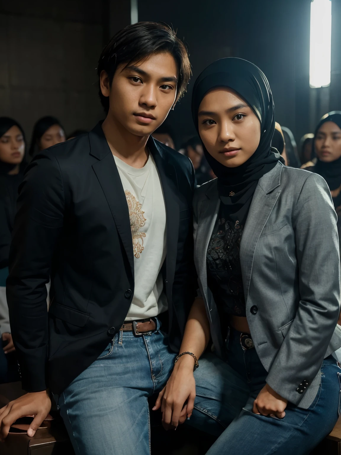 a young Indonesian man sits posing next to a young Indonesian woman. beautiful young woman, Hijab, blazer, jeans. best quality, realistic, photorealistic, (intricate detail: 1.2), (fine detail), (cinematic light), clear lines, sharp focus, realistic face, detailed face, unity 8k wallpaper, very high resolution, (photorealistic: 1.4), He was looking at the audience