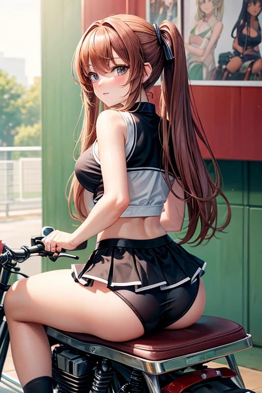 this is a painting of an anime woman sitting on motorcycle saddle, tennis-wear, skirt, 1girl, solo, ass, white panties, blush, looking back,