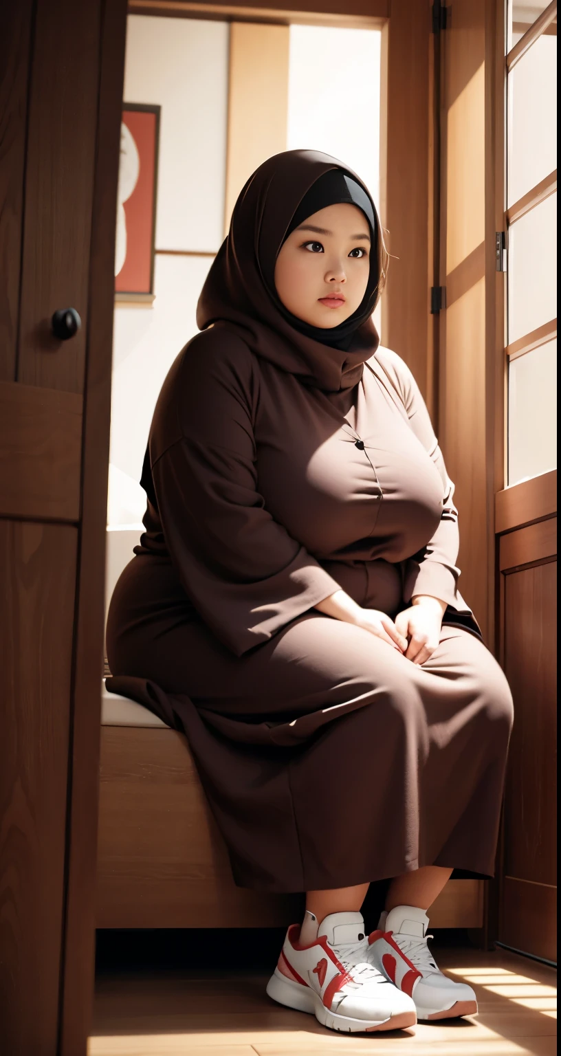 there is a woman sitting down with a longest brown hair, bbwchan, thicc, brown hijab outfit, brown hairstyle model, korean girl, korean woman, wearing brown robe, full length shot, alluring plus sized model, japanese goddess, clothed in hooded, voluptuous and arousing, portrait shot, curvy model, voluptuous body, wonderful, nene tanaka body , bbwchan, The overall atmosphere is smooth , haunting illustrations, extremely high-resolution details, photographic, realism pushed to extreme, fine texture, 4k, ultra-detailed, high quality, high contrast, red sneakers , cold atmosphere ,, cold atmosphere