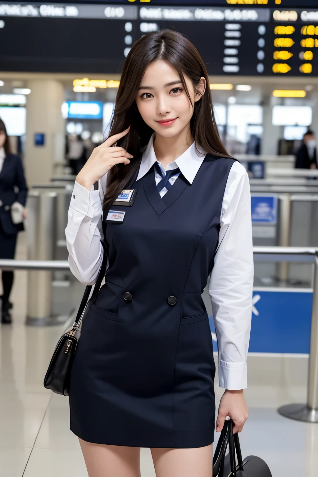 highest quality, masterpiece, 8k, ultra high resolution, (realistic: 1.4), 1 girl, beautiful face, symmetrical eyes, big, perfect body proportions, stewardess uniform, the gaze of the beholder, (Inside the airport: 1.2), Front view, Absolute area (1.3),friendly smile