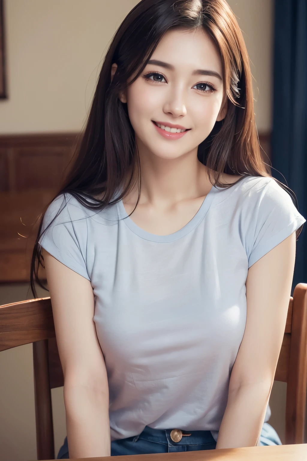 pubic hair,, navy blue t-shirt、whole body, medium breasts,detailed and beautiful eyes, (long hair:1.2), (8k, highest quality, table top:1.2), (realistic, Photoreal:1.37), super detailed, 1 girl, cute, alone, (blush your nose),(smile:1.15),(closed mouth)