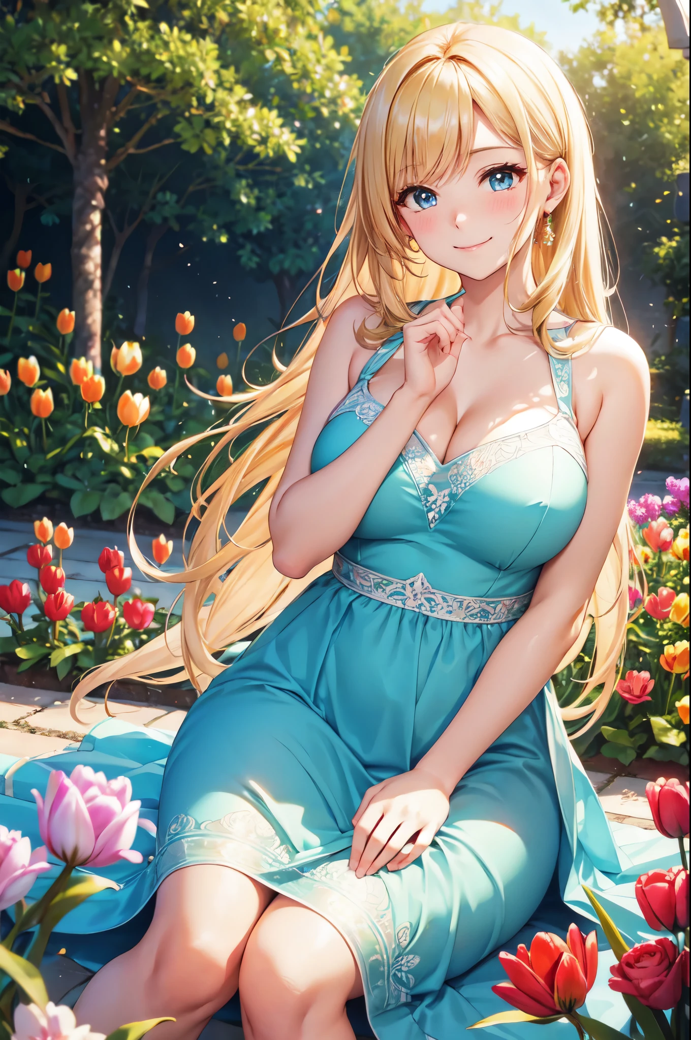 (High quality, High resolution, Fine details), tulip woman, enchanting beauty, vibrant colors, blooming flowers, soft sunlight, serene garden, delicate petals, loose hair, natural makeup, colorful surroundings, elegant background, sunlit garden path, sublime scenery, floral elegance, soothing tranquility, graceful curves, Red Dress, solo, curvy women, blond hair, sparkling eyes, (Detailed eyes:1.2), smile, blush, Sweat, (Oily skin), shallow depth of field