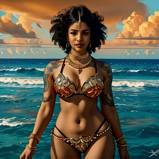 ultra-detailed, high ((best quality)), ((art)), majestic and intricately detailed smooth oil painting (beautiful black, Indian woman, muscular body, fine features, shapely face, afro tattoos all over the body, Goddess of Fire, beautifully adorned, on a beach), exquisite and elegant, cubism style, Salvador Dali style -ar 9:16 - v6