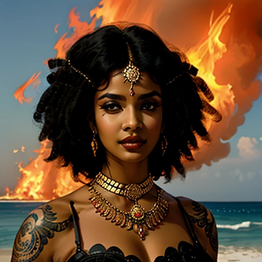 ultra-detailed, high ((best quality)), ((art)), majestic and intricately detailed smooth oil painting (beautiful black, Indian woman, muscular body, fine features, shapely face, afro tattoos all over the body, Goddess of Fire, beautifully adorned, on a beach), exquisite and elegant, cubism style, Salvador Dali style -ar 9:16 - v6