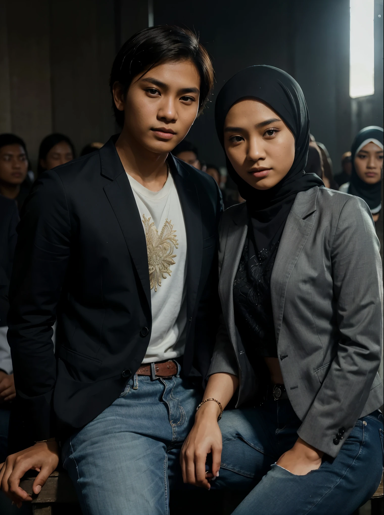 a young Indonesian man sits posing next to a young Indonesian woman. beautiful young woman, Hijab, blazer, jeans. best quality, realistic, photorealistic, (intricate detail: 1.2), (fine detail), (cinematic light), clear lines, sharp focus, realistic face, detailed face, unity 8k wallpaper, very high resolution, (photorealistic: 1.4), He was looking at the audience